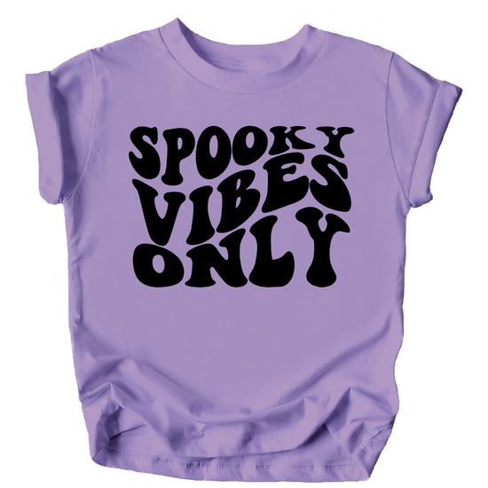 Side or styled view of groovy Halloween shirt for kids in vintage burgundy with orange spooky print