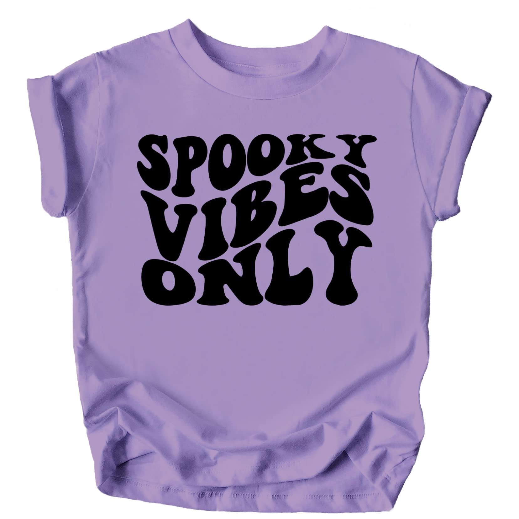 Side or styled view of groovy Halloween shirt for kids in vintage burgundy with orange spooky print