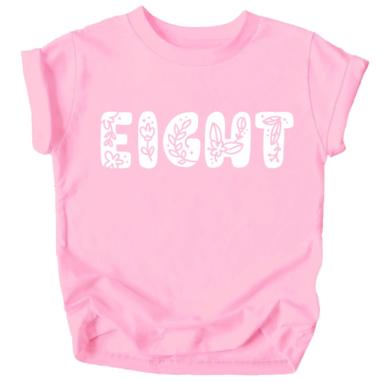 Front view of pink floral 8th birthday shirt for girls with flower theme graphic