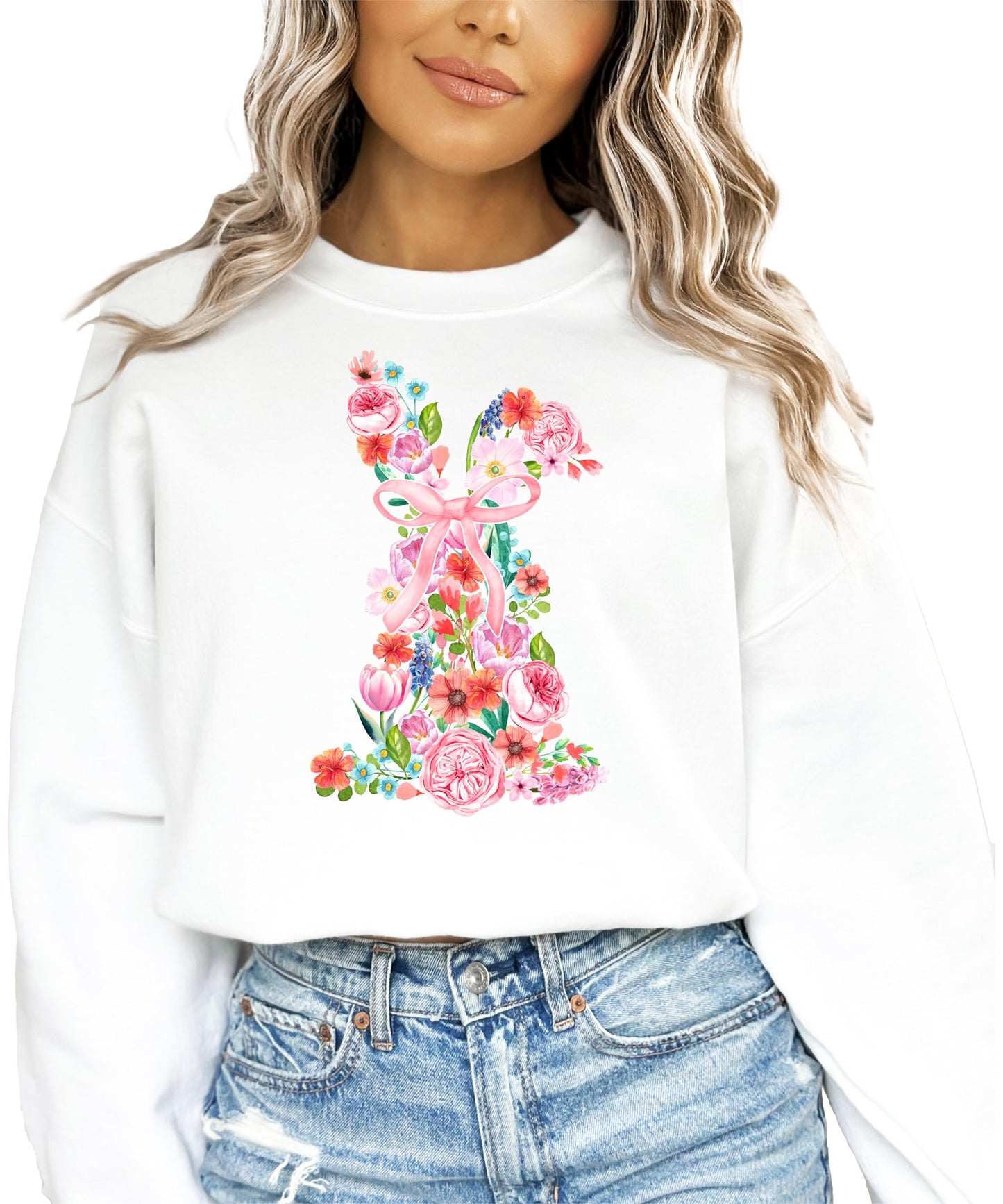 Floral Easter Bunny Sweatshirt for Women Teens and Girls Spring Watercolor Crewneck