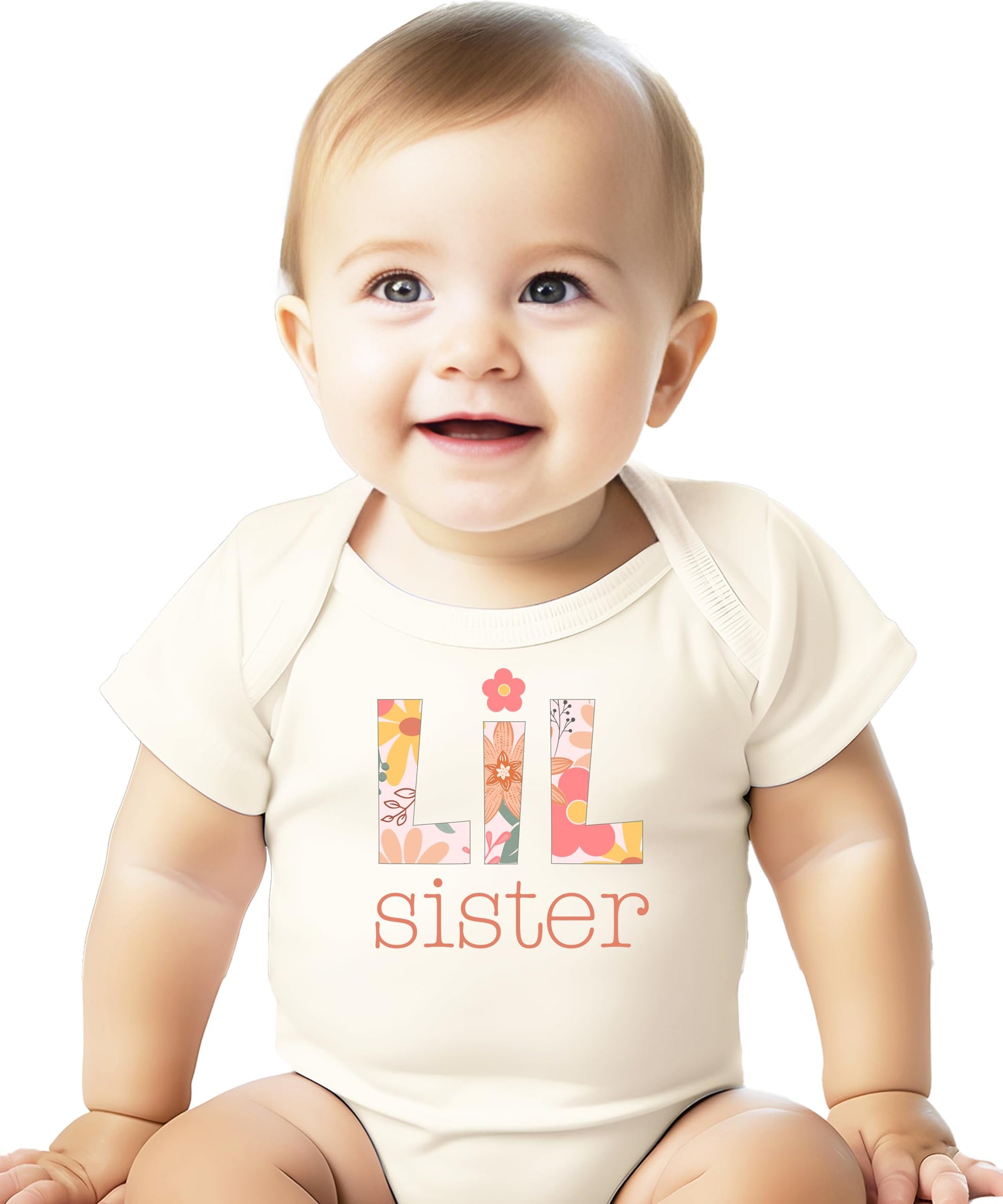 Close-up of floral graphic print on peach little sister baby one-piece bodysuit