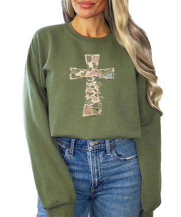 Women's camo He Is Risen cross sweatshirt with bold ink-printed graphic on army green pullover