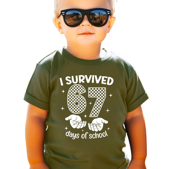 Kids funny graphic tee with '67 Days of School' checker hands design in military green