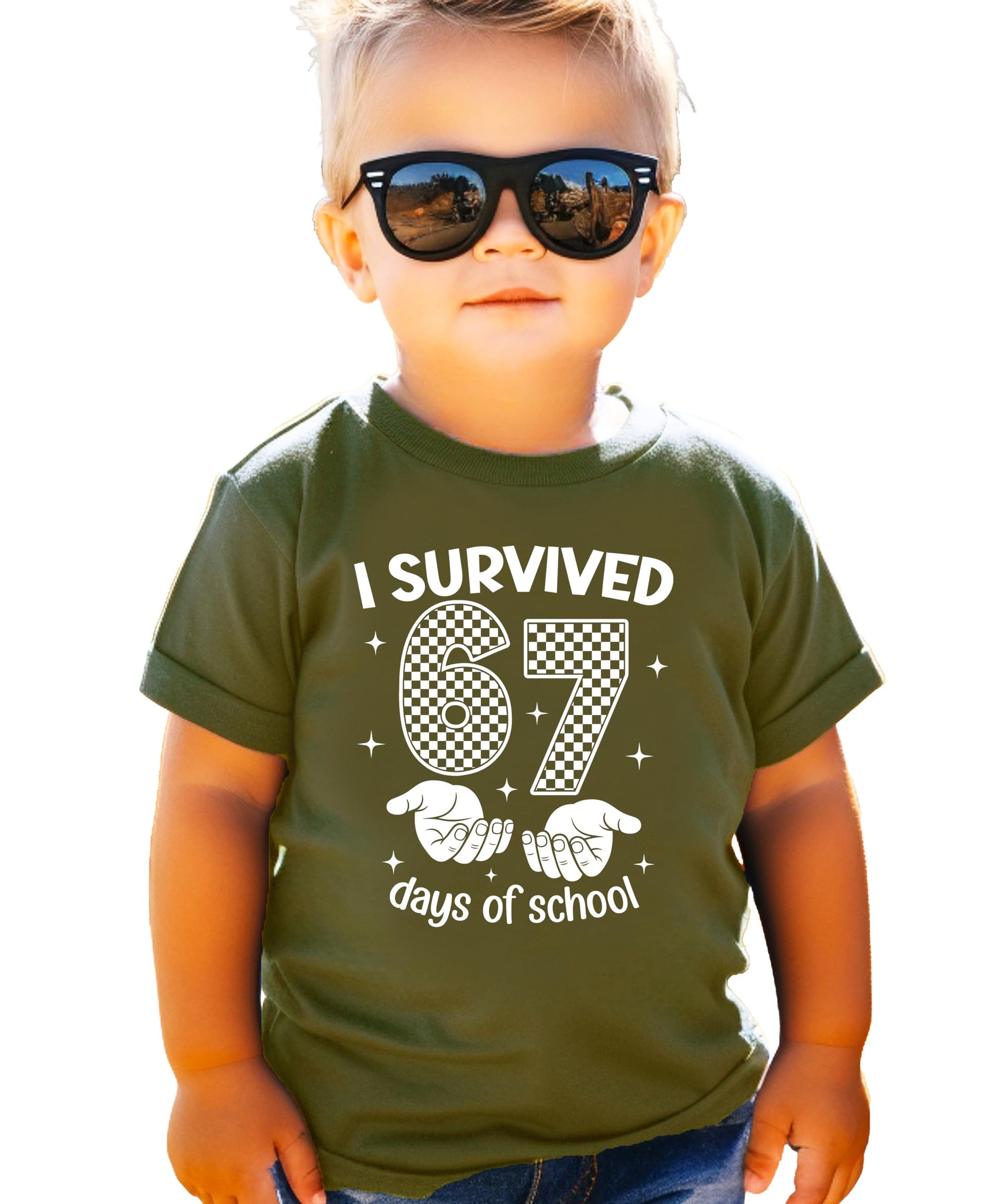 Kids funny graphic tee with '67 Days of School' checker hands design in military green