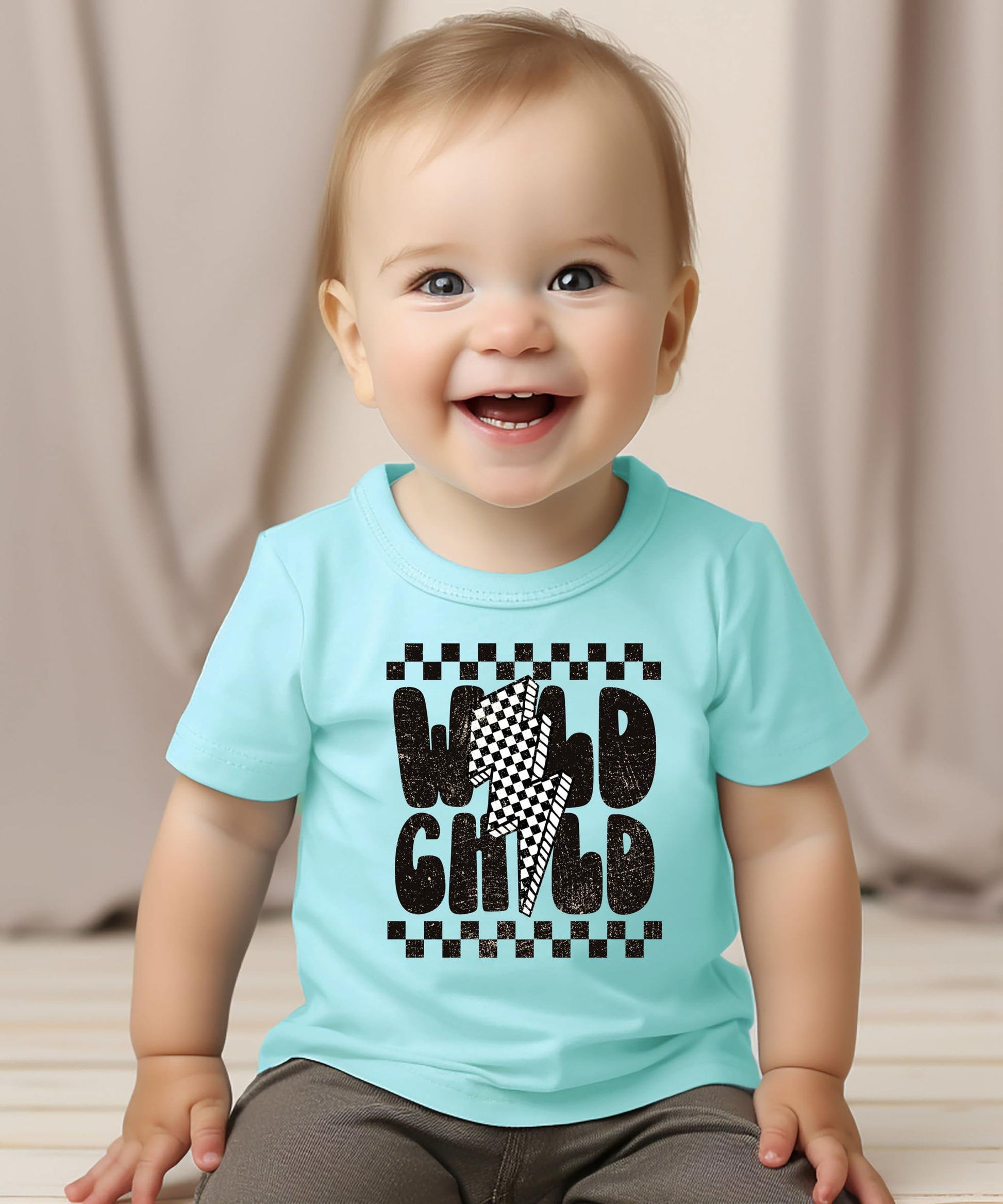 Wild Child checkered tee flat lay showing vintage-inspired design details