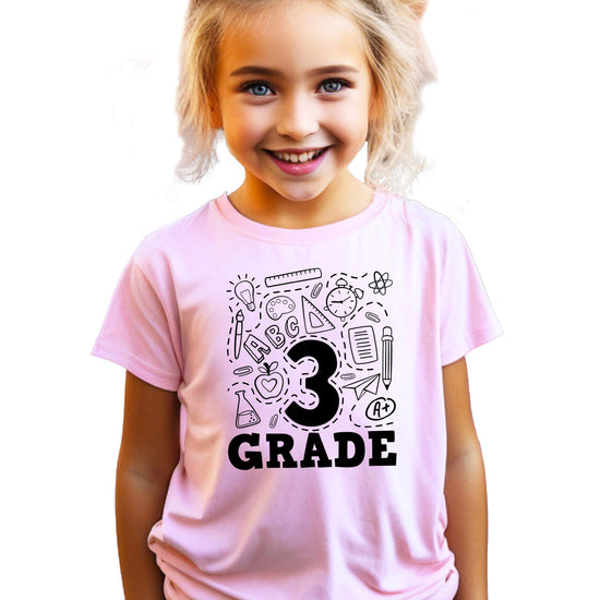 Kids mauve third grade back to school graphic tee by Olive Loves Apple, front view