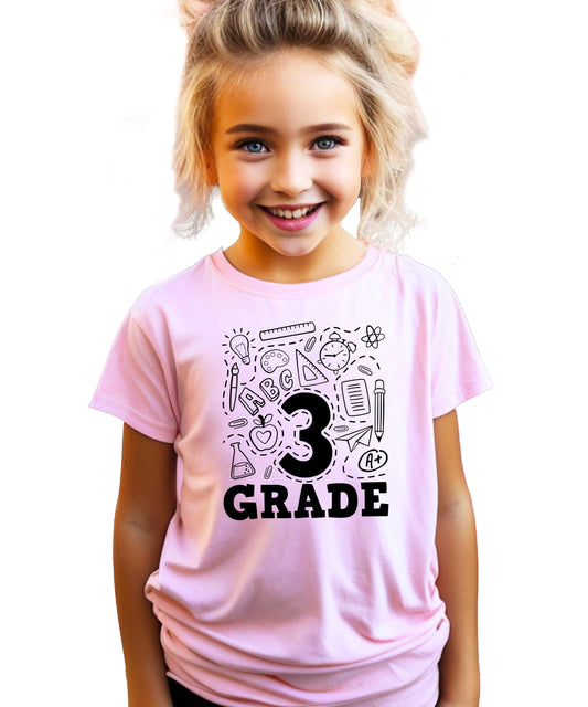 Kids mauve third grade back to school graphic tee by Olive Loves Apple, front view