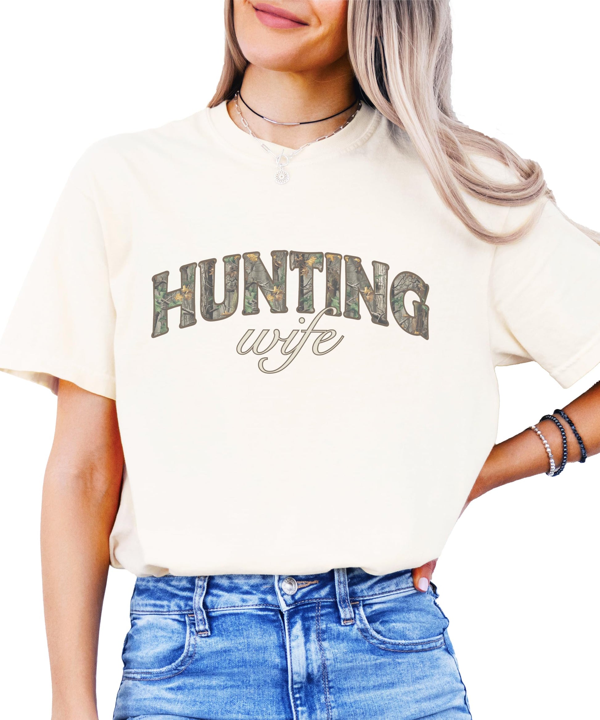 Front view of women's rustic camo deer season graphic tee laid flat