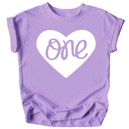Purple baby girl shirt with 'One' written inside a heart graphic for 1st birthday outfit