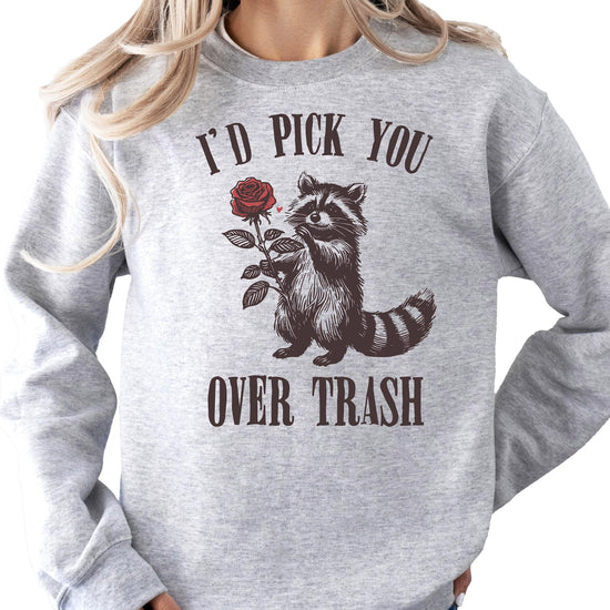 Funny raccoon Valentine's sweatshirt shown from the back or alternate angle on white background