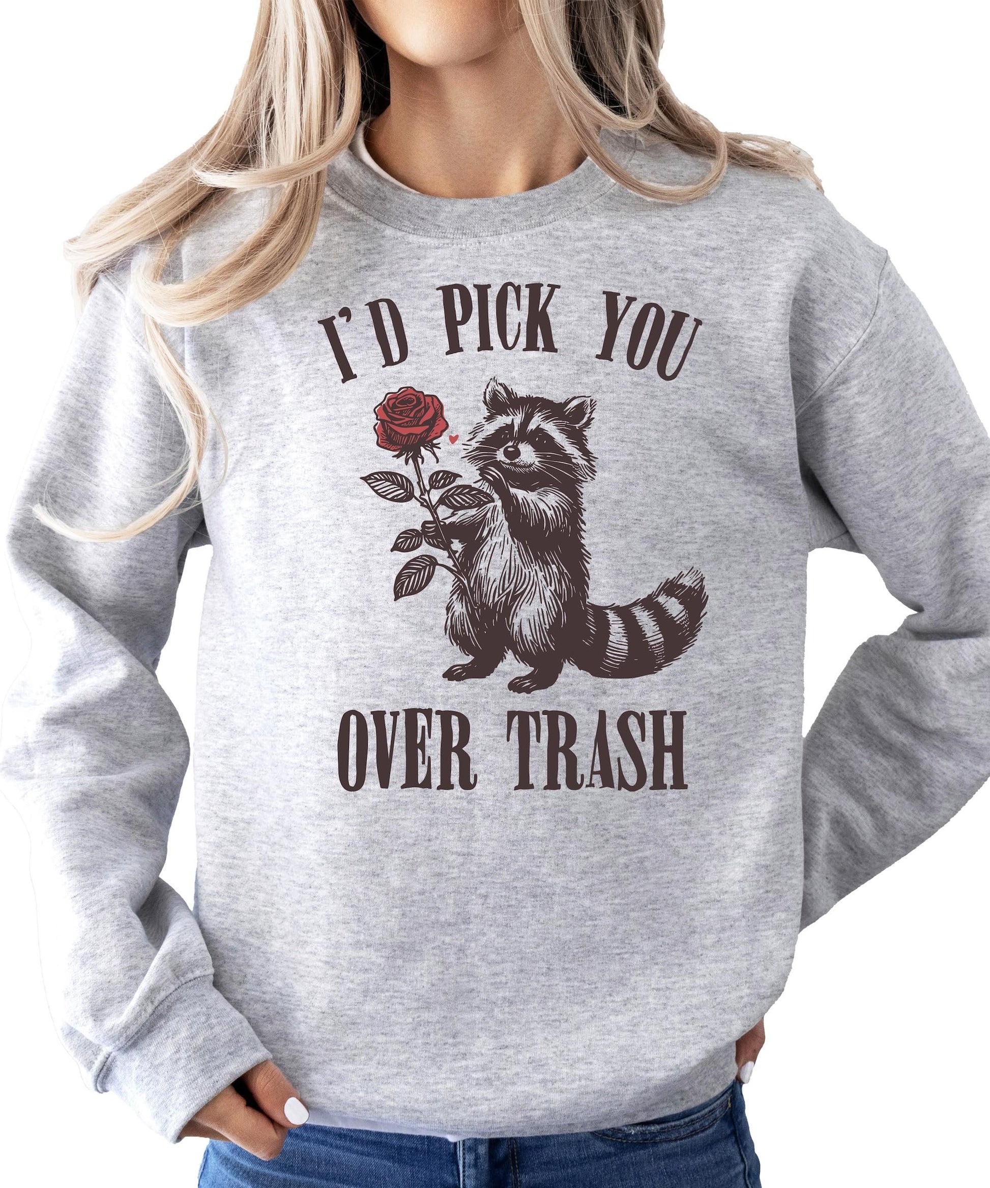 Funny raccoon Valentine's sweatshirt shown from the back or alternate angle on white background