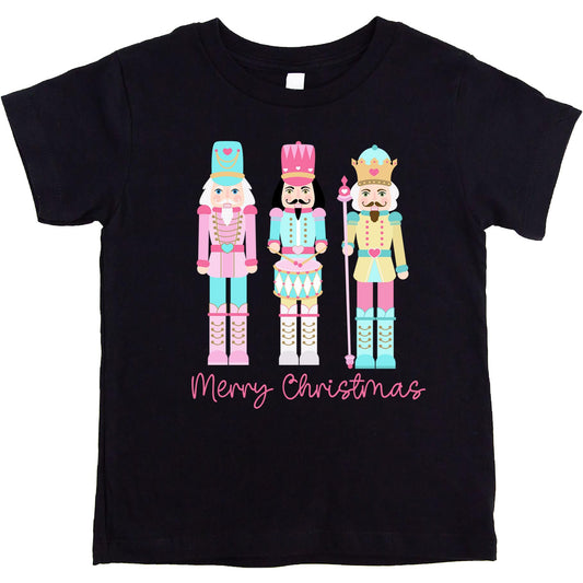 Black graphic tee with pastel whimsical nutcracker print for women and kids Christmas holiday shirt