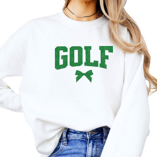 Side or back view of red golf graphic sweatshirt with coquette bow design
