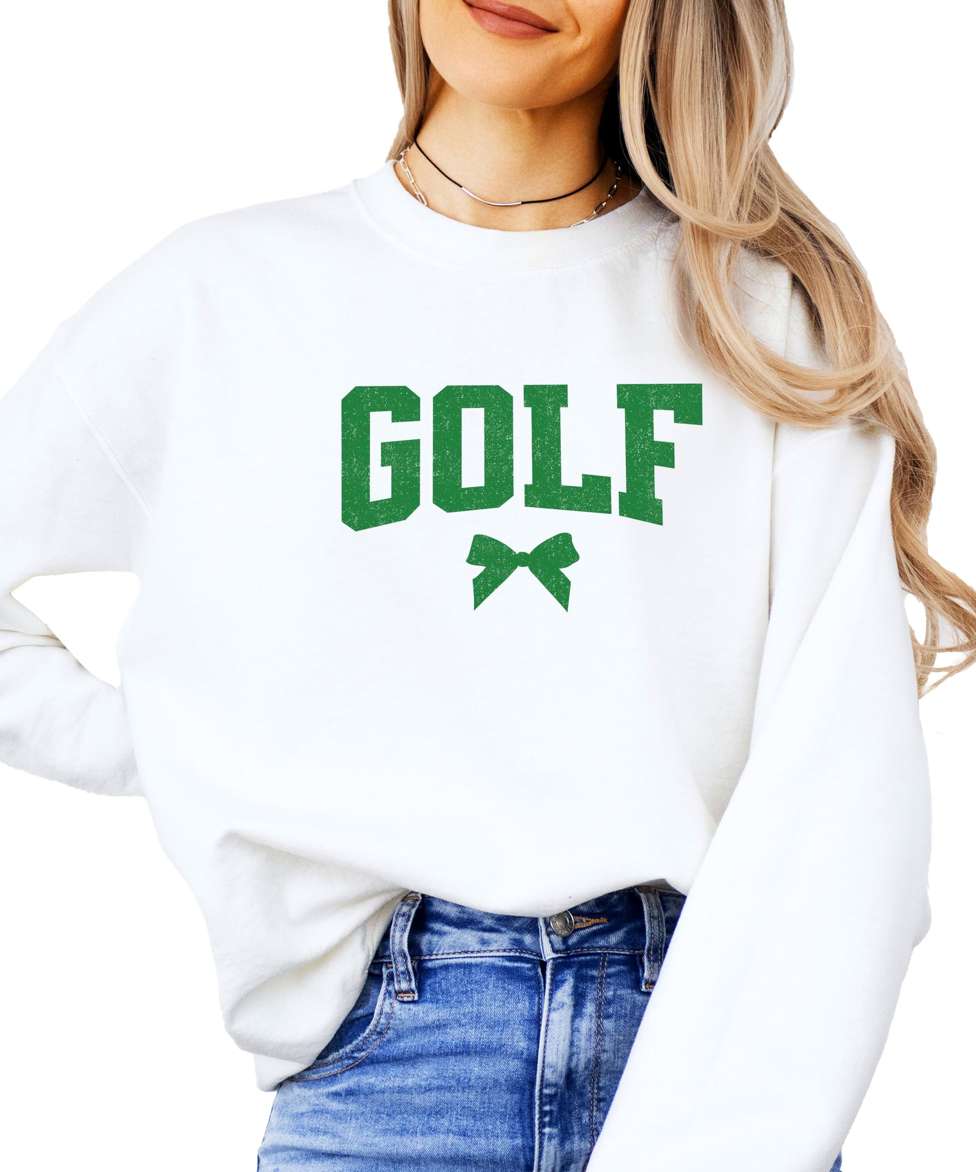 Side or back view of red golf graphic sweatshirt with coquette bow design