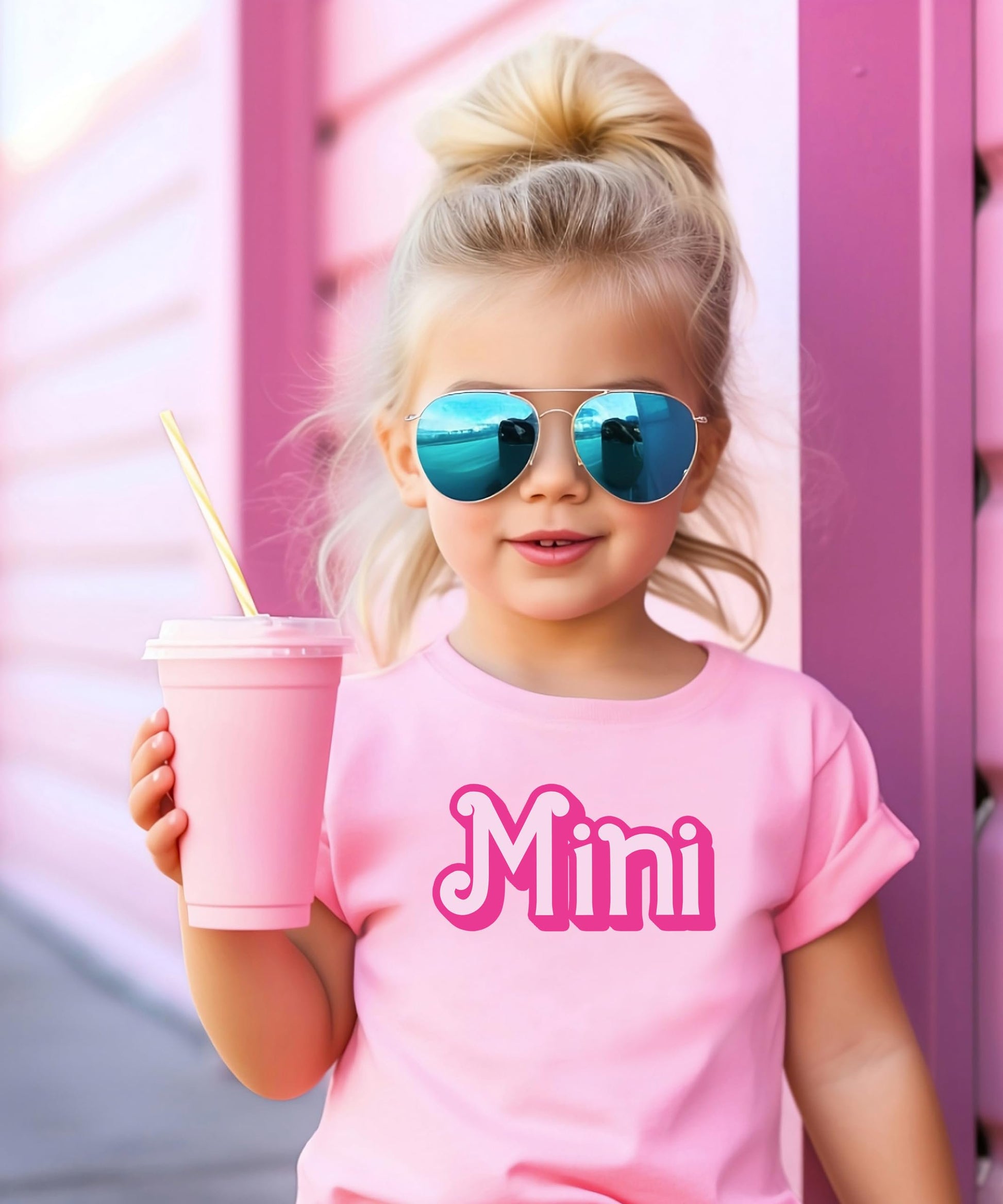 Pink mini matching tee for girls laid flat showing full graphic design