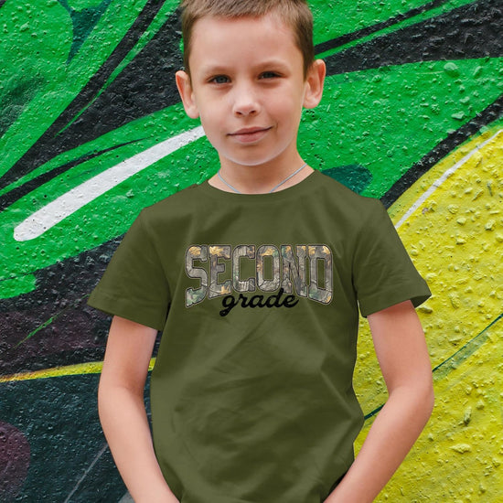 Flat lay of second grade camo shirt in natural color showing full graphic design and camo letter detail