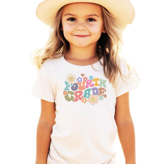 4th grade groovy daisy first day of school t-shirt in natural color with colorful flower design