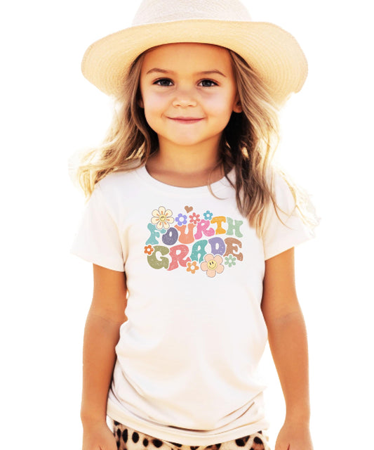 4th grade groovy daisy first day of school t-shirt in natural color with colorful flower design