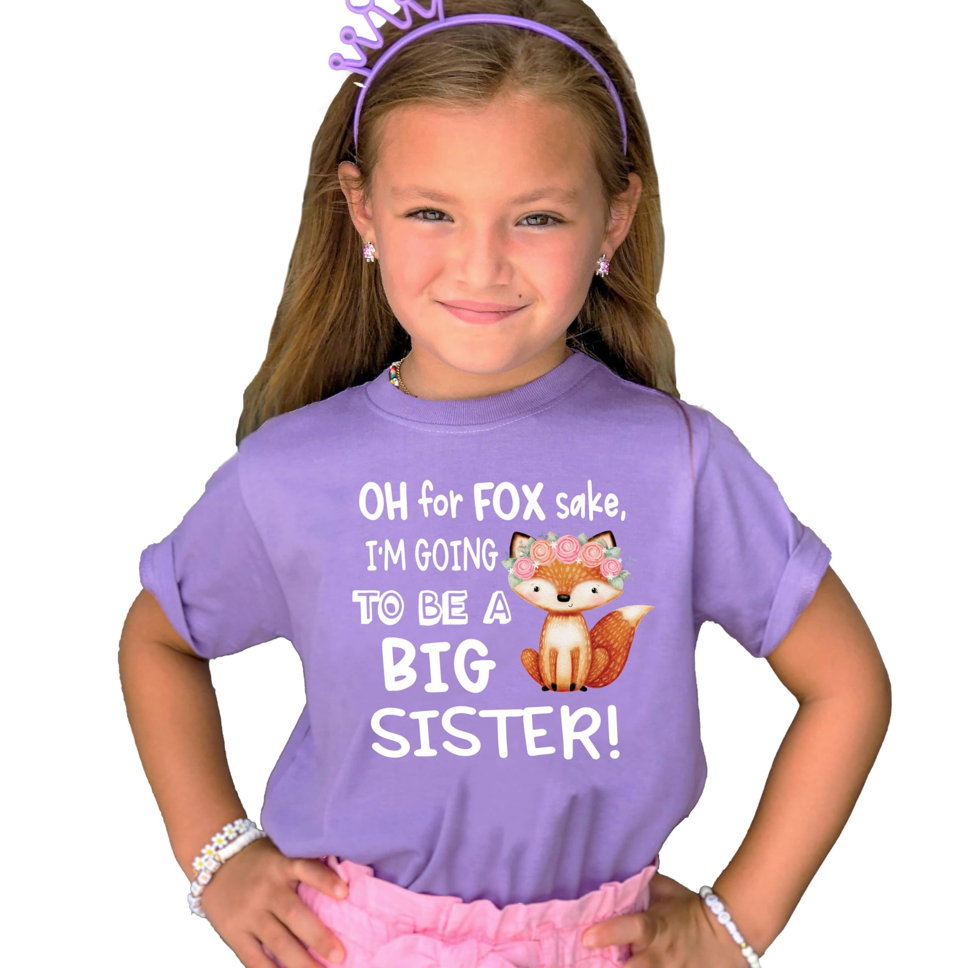 Close-up of Oh For Fox Sake big sister graphic print on mauve youth t-shirt
