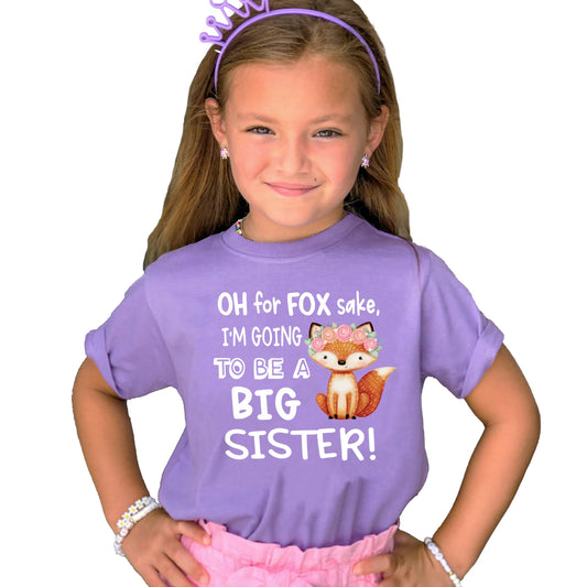 Close-up of Oh For Fox Sake big sister graphic print on mauve youth t-shirt