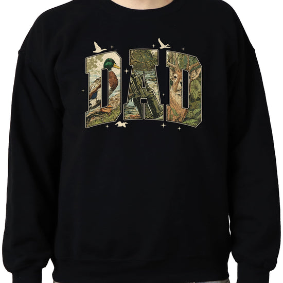 Flat lay of dad retro camo hunting sweatshirt showing full graphic design detail