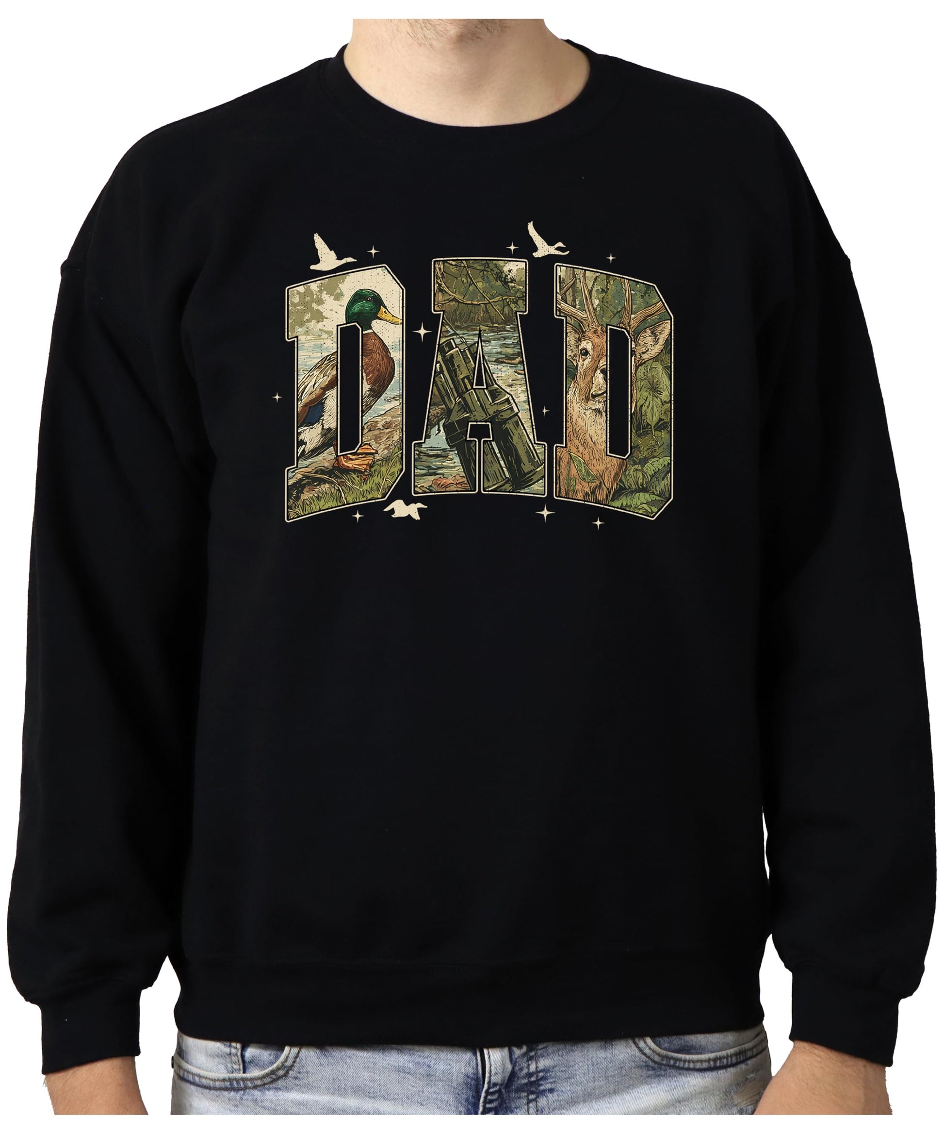Flat lay of dad retro camo hunting sweatshirt showing full graphic design detail