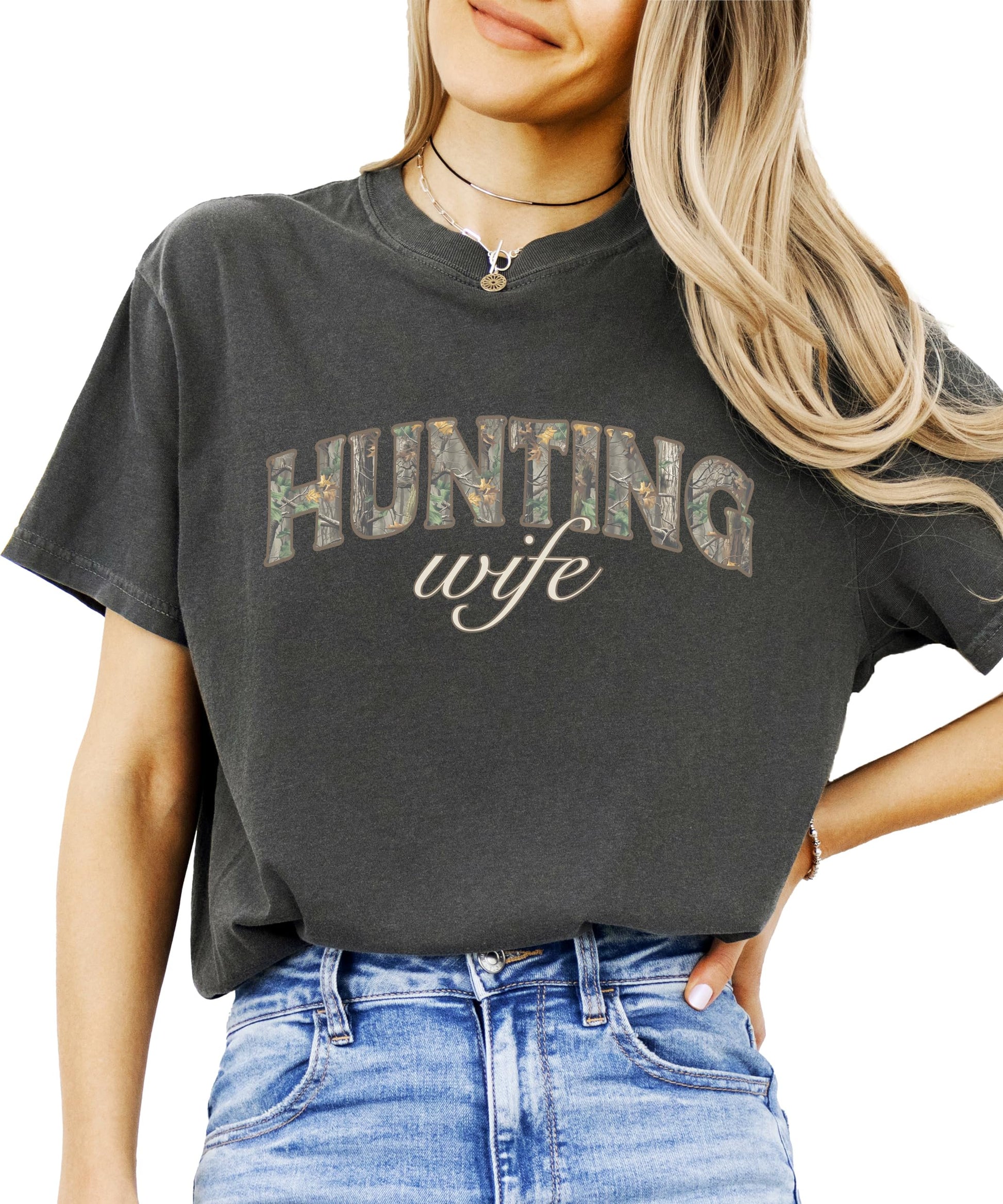 Side or back view of women's hunting wife camouflage shirt showing fit and style