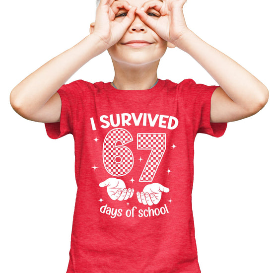 I Survived 67 Days of School shirt for boys and girls flat lay product view