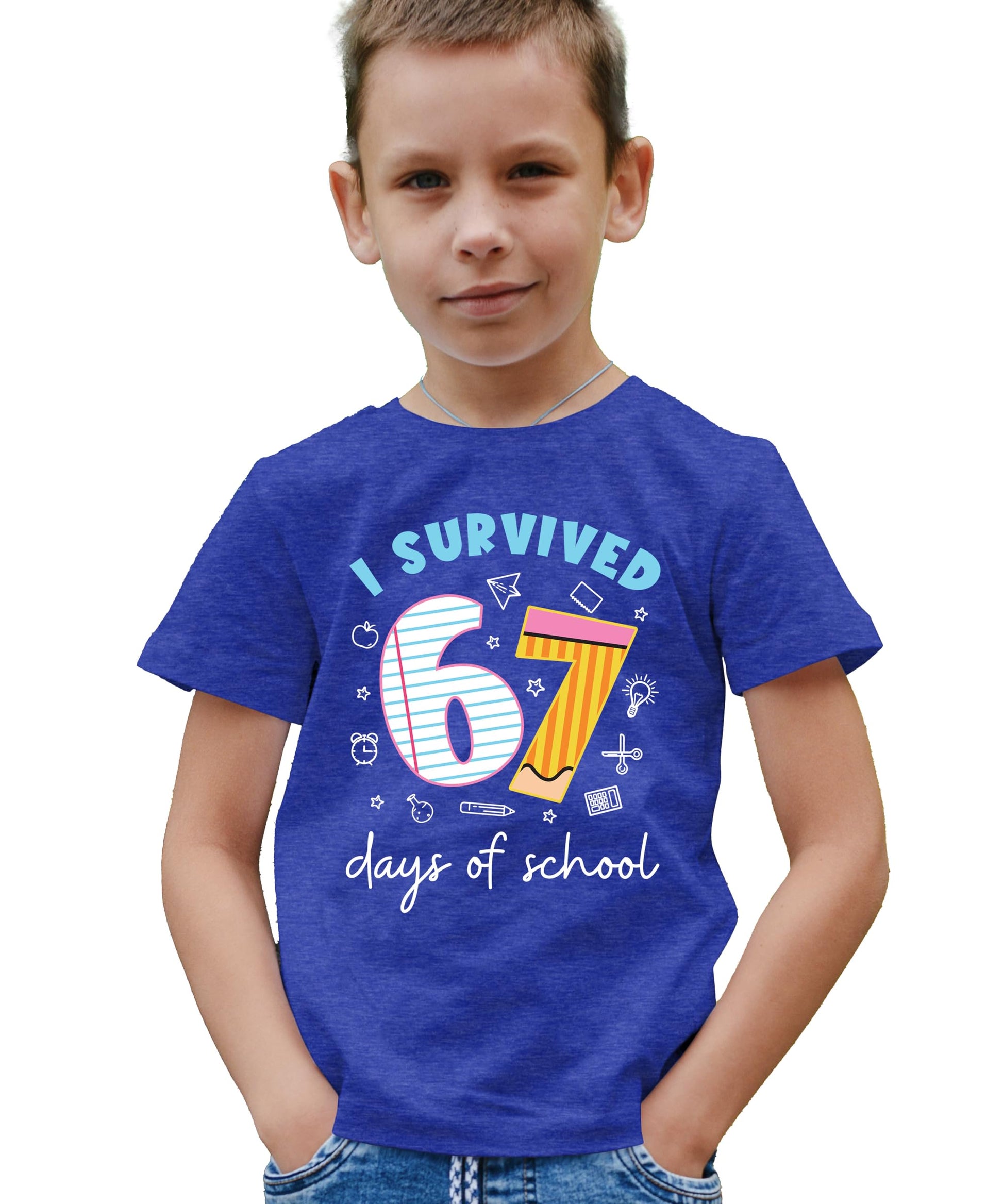 Kids wearing funny I Survived 67 Days of School shirt, casual everyday style