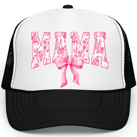Floral Mama Pink Bow Foam Front Classic 5 Panel Mesh Snapback Trucker Hat