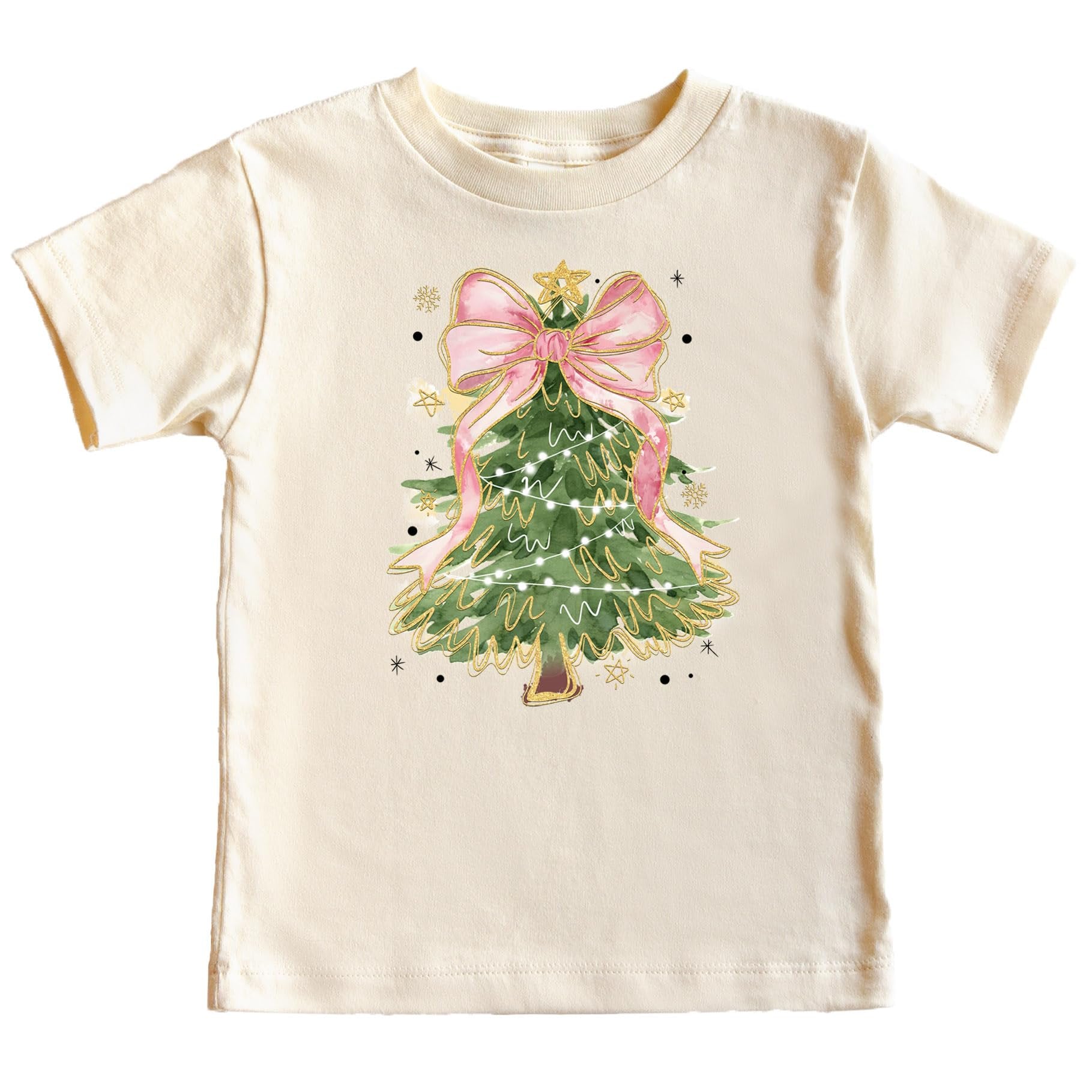 Close-up of Christmas tree with pink bow topper print on a peach graphic tee