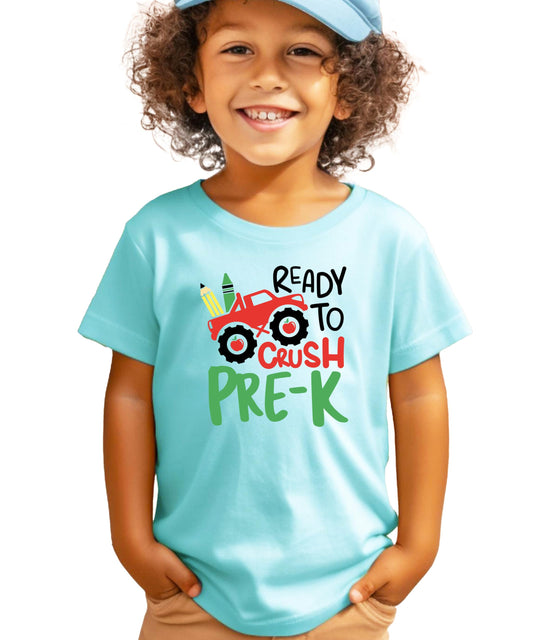 Front view of toddler boy wearing Ready to Crush Pre-K back to school shirt