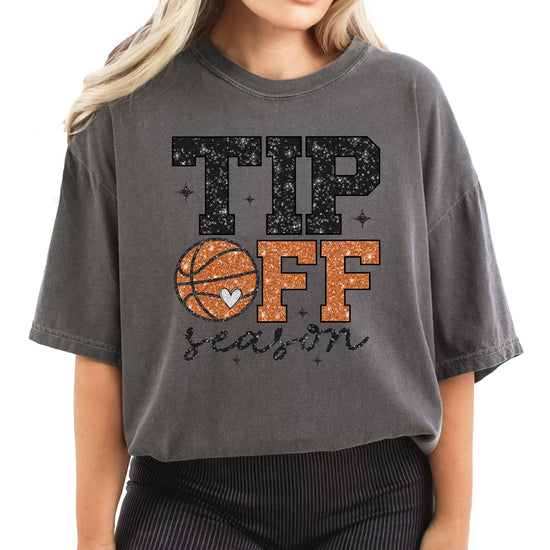 Women's faux glitter Tip Off Season basketball graphic tee with heart basketball design