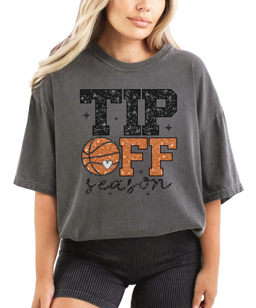Women's faux glitter Tip Off Season basketball graphic tee with heart basketball design