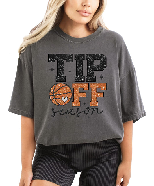 Women's faux glitter Tip Off Season basketball graphic tee with heart basketball design