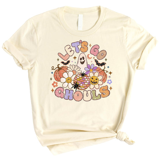 Girls wearing Let's Go Ghouls Halloween graphic tee in peach