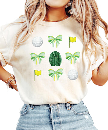 Golf Tournament Shirt for Women & Teens Green Golf Coquette Bows and Flags Tee