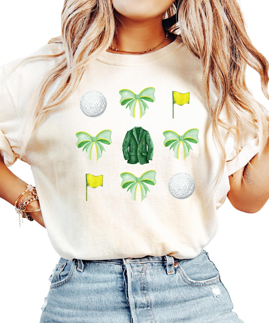 Golf Tournament Shirt for Women & Teens Green Golf Coquette Bows and Flags Tee