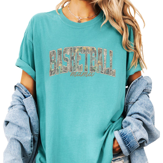 Olive Loves Apple Basketball Mama shirt shown from an alternate angle, espresso tee