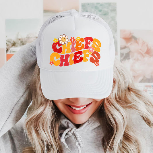 Groovy Floral Chiefs Trucker Hat for Women and Teens Girly Red and Gold Team Pride Snapback