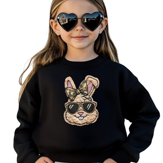 Girls black sweatshirt with camo bow Easter bunny wearing sunglasses design