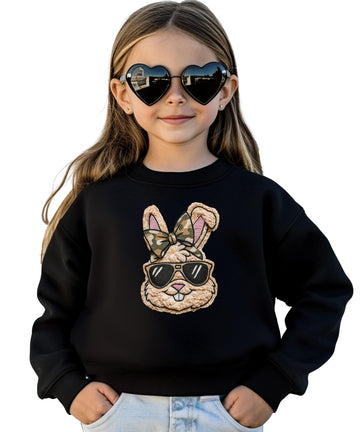 Girls black sweatshirt with camo bow Easter bunny wearing sunglasses design