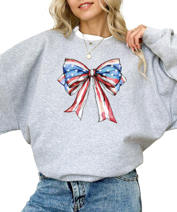 USA Bow Sweatshirt for Women Teens & Kids Trendy 4th of July Crewneck Gray Sweatshirt Youth Small