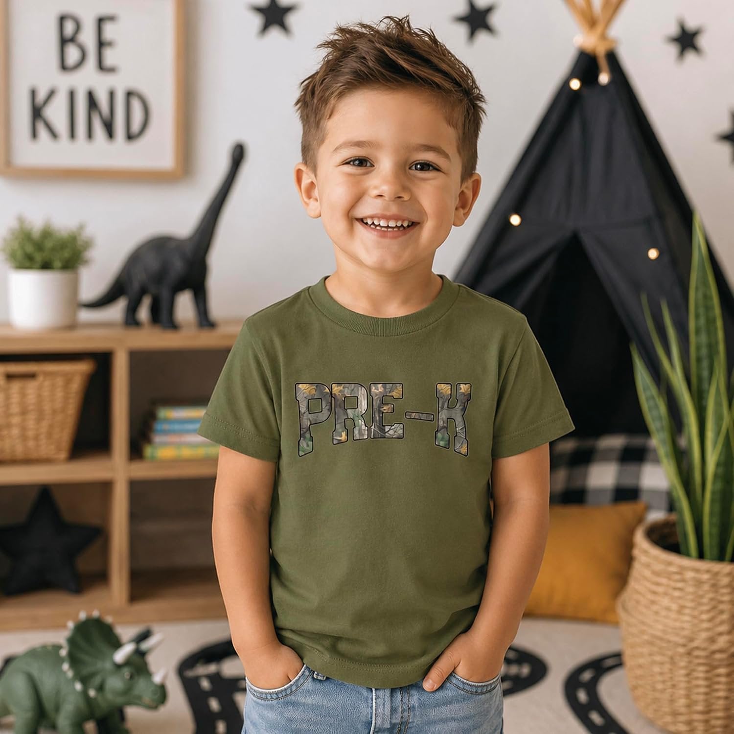 Pre-K camo graphic tee styled with jeans for back-to-school look, kids unisex fit