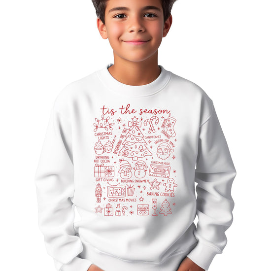Family wearing matching 'Tis the Season white Christmas sweatshirts for holiday photos