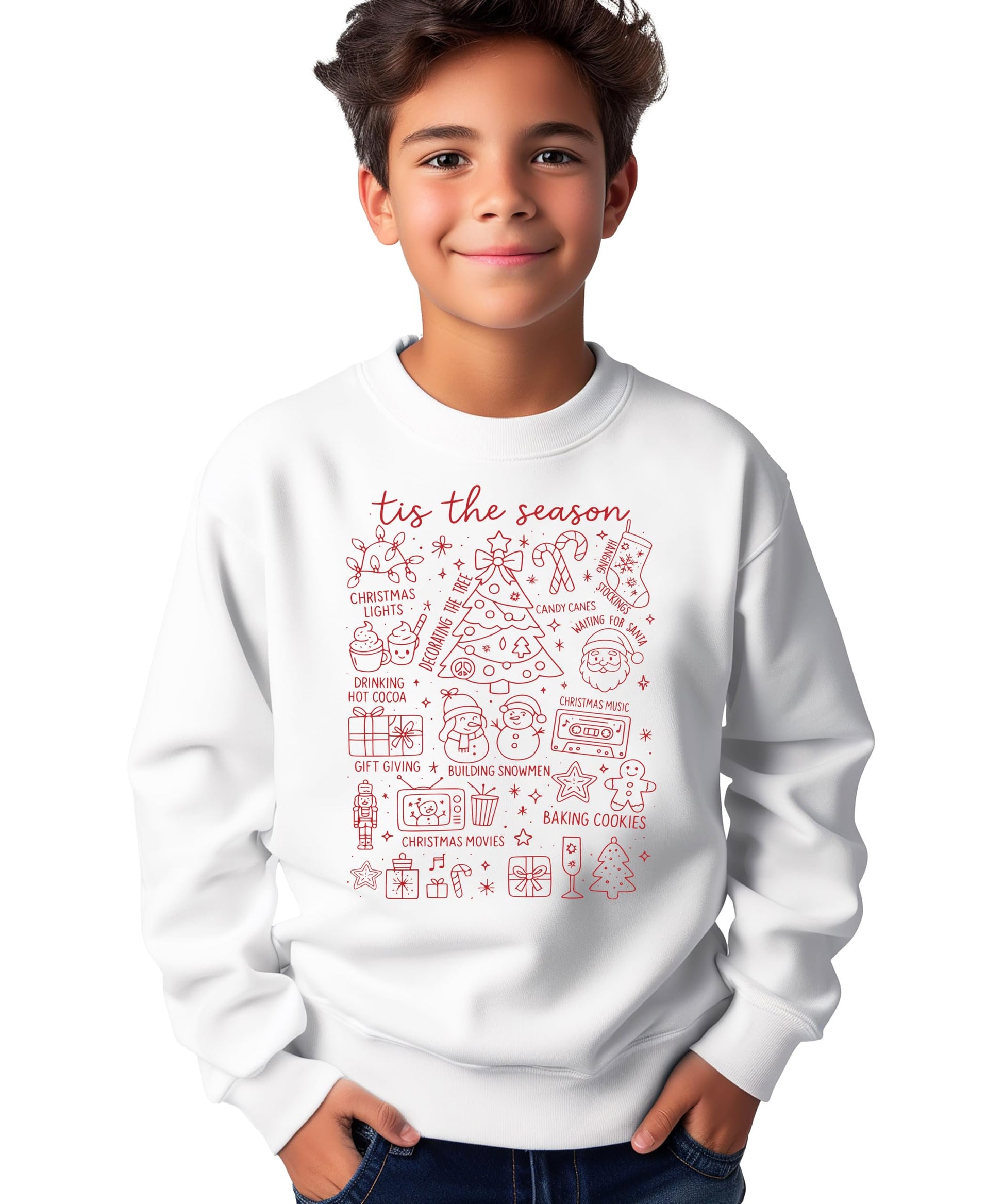 Family wearing matching 'Tis the Season white Christmas sweatshirts for holiday photos