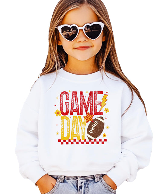 Trendy Game Day Sweatshirt for Women, Teens, and Kids Red & Yellow Girly Football Sweater White Sweatshirt Youth Medium