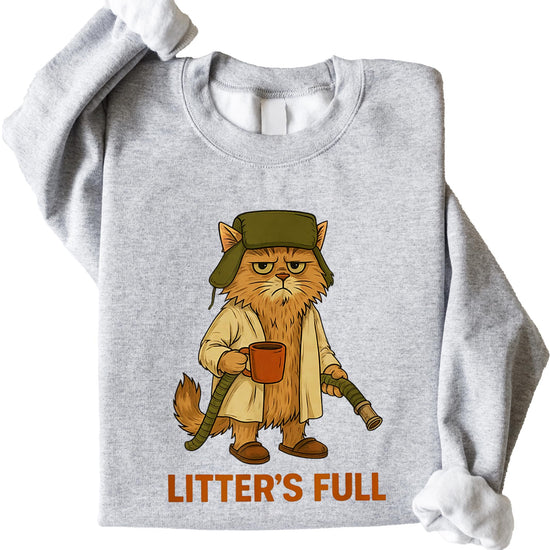 Close-up of Litter's Full holiday cat graphic print on gray unisex sweatshirt
