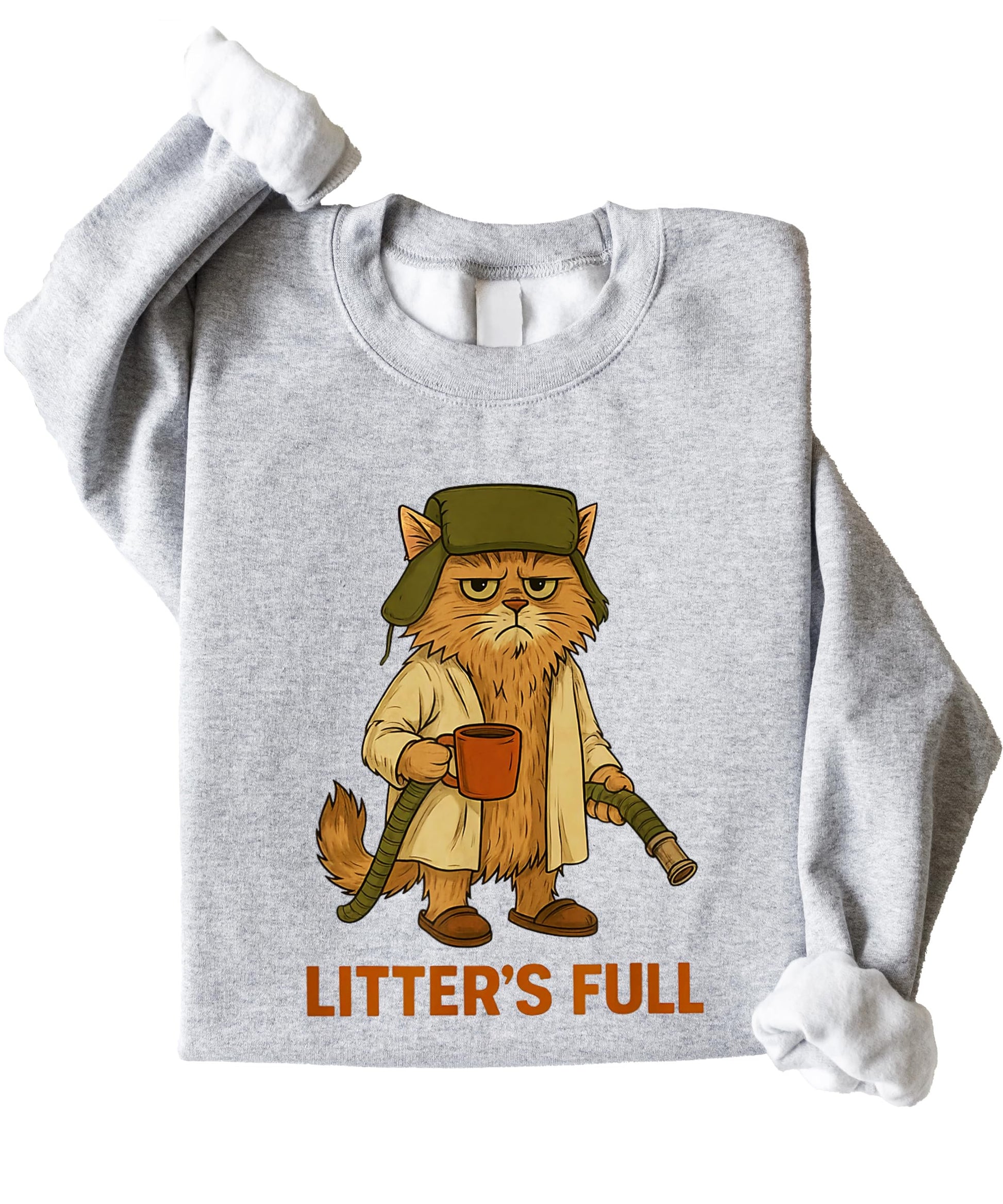 Close-up of Litter's Full holiday cat graphic print on gray unisex sweatshirt