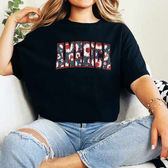Family matching America sunflower tees for women, youth, and toddler girls